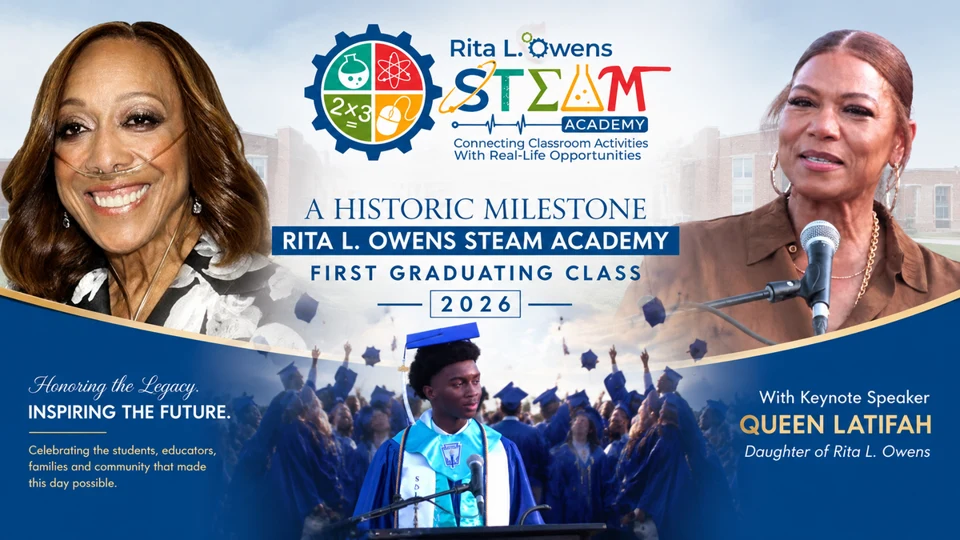 Rita L. Owens STEAM Academy graduation graphic featuring Queen Latifah