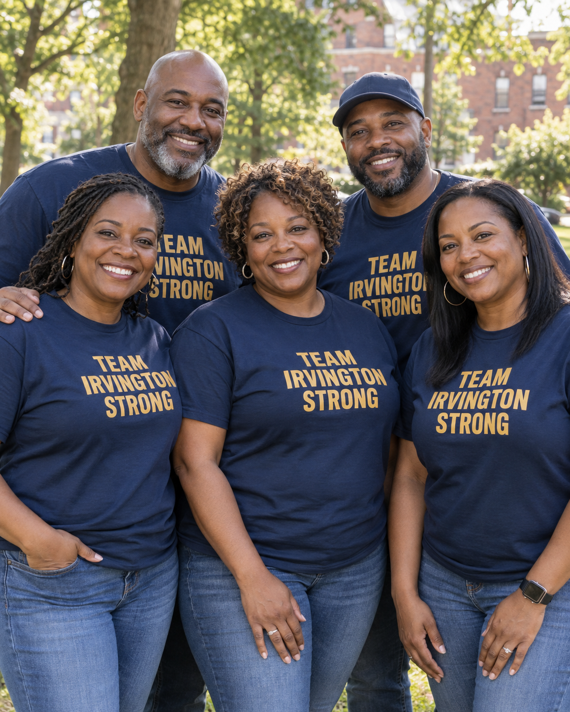 AI-generated image of five Black adults wearing navy Team Irvington Strong T-shirts